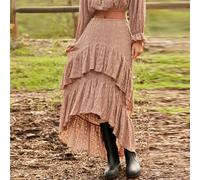 Floral Jacquard Strick-Rock mit hoher Taille, gestuften Volants und asymmetrischem Saum, Winter, Boho, Lässig, Süß, Feiertags-, Weihnachts-, Silvester