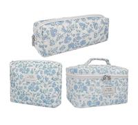 Floral Makeup Bag Set, Cosmetic Organizer, Cotton Quilted Material 3-Piece Travel Toiletry Bag, Aesthetic Flower Design, Perfect for Women, Teens, Girls, Compact & Stylish, 1 Set