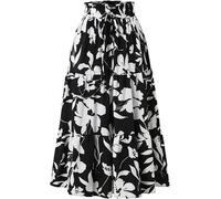 Floral Maxi Skirt for Women Summer Comfy Tiered Elastic High Waisted Skirts Vacation A-Line Flowy Swing Long Skirts (Black,XL)