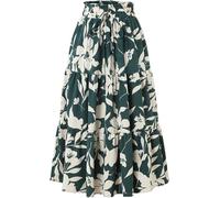 Floral Maxirock für Frauen Sommer Comfy Tiered Elastic High Waisted Röcke Urlaub A-Linie Flowy Swing Lange Röcke (Grün,L)