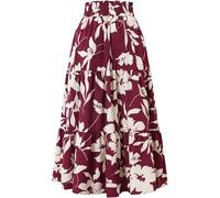 Floral Maxirock für Frauen Sommer Comfy Tiered Elastic High Waisted Röcke Urlaub A-Linie Flowy Swing Lange Röcke (Rot,L)