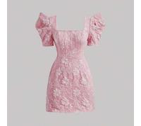 Florales Jacquard Quadrat Ausschnitt Puffärmelig Rosa Date Night Kleid, Pastellfarbene Kleider für Frauen