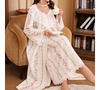 Florales Spitzen-dekorierter, weiter Langarm-Morgenmantel, Unterkleid mit Rüschensaum, Frauen Pyjama-Set aus strukturiertem Gewebe