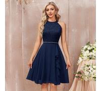 Florales Spitzenkleid mit Rüschentrim, Neckholder, Chiffon, Ballkleid-Silhouette, elegant, halblang, Hochzeitsgast-Kleid, für Geburtstag, Abschluss, H