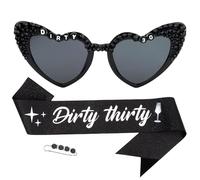 FloralGrace 3 Stück Dirty Thirty Geburtstags Sonnenbrille und Schärpe für Frauen - Herzförmig mit Text, glitzernd - 30. Geburtstags Dekorationen für Ihre Geburtstage Geschenke Party