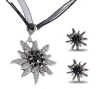 FloralGrace 3 Stück Trachtenschmuck Damen Set Bayerisch Dirndlschmuck Trachtenkette Edelweiß Anhänger Ohrstecker Halskette&Ohrstecker Bierfest Trachten (schwarz)