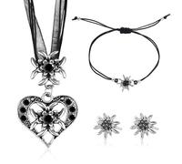 FloralGrace 4 Stück Trachtenschmuck Set Bayerisch Dirndlschmuck Trachtenkette mit Strass Edelweiß Herz Anhänger,Armband und Ohrstecker für Damen Bierfest Trachten Dirndl Outfit(Schwarz)