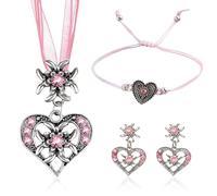FloralGrace 4 Stück Trachtenschmuck Set Bayerisch Dirndlschmuck Trachtenkette mit Strass Edelweiß Herz Anhänger,Armband und Ohrstecker für Damen Bierfest Trachten Dirndl Outfit