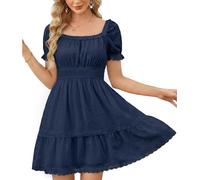 Florboom Damen Kleider Schweizer Punkten Kurzarm Minikleid Casual Eckiger Ausschnitt Freizeitkleid mit Taschen (Marineblau, XXL)