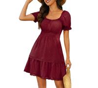 Florboom Damen Sommerkleid elegant Kurzarm Minikleid Eckiger Ausschnitt Tunika Kleid mit Taschen (Weinrot, S)