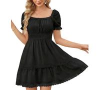 Florboom Kleider Damen Boho Eckiger Ausschnitt Puff Kurzarm Sommerkleid A-Linie Schweizer Punkten Minikleid (Schwarz, XL)