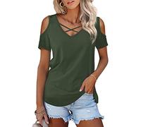 Florboom Schulterfreie Oberteile Damen Kurzarm V Ausschnitt Tops Sommer Shirt Lang, Olivgrün XL