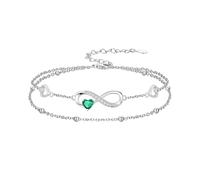 Flpruy Armband Damen 925 Sterling Silber Unendlichkeit Herz Geburtsstein Mai Smaragd Grün Zweireihig Doppelkette Verstellbar 18cm+5cm Schmuck Geschenke für Frauen Frau Freundin Mutter