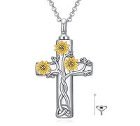 Flpruy Damen Kreuz Urnenketten für Asche, Lebensbaum Sonnenblume Kreuz Asche Urne Kette mit Geschenkbox, Kreuz Asche Schmuck Halskette Geschenke für Frauen Mädchen Frauen