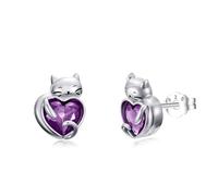 Flpruy Katze Ohrringe S925 Sterling Silber Februar Katze Birthstone Stud Mädchen Katze Stud Kristall Amethyst Schmuck mit Kitty Geschenke für Mama Damen Mädchen Geburtstag