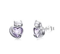 Flpruy Katze Ohrringe S925 Sterling Silber Juni Katze Birthstone Stud Mädchen Katze Stud Kristall Lavendel Schmuck mit Kitty Geschenke für Mama Damen Mädchen Geburtstag
