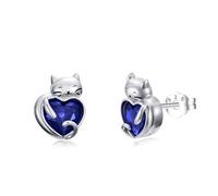 Flpruy Katze Ohrringe S925 Sterling Silber September Katze Birthstone Stud Mädchen Katze Stud Kristall Saphir Schmuck mit Kitty Geschenke für Mama Damen Mädchen Geburtstag