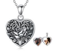 Flpruy Medaillon-Halskette aus 925er Sterlingsilber Medaillon zum Öffnen mit Bild Rose Halskette Amulett zum Öffnen Erinnerungsfotos Schmuck Geschenk für Frauen Männer