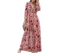 Flüssiges Kleid für Damen, Rüschen, Langarm, Blumenmuster, elegant, Chiffon-Kleid, bunt, X-Large
