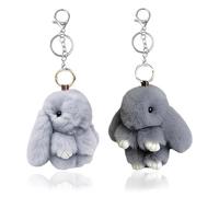 Fluffy Häschen Schlüsselanhänger 2 Stück,Süße Plüsch Hase Schlüsselanhängers,Pom Poms Hase Keyring Deko,Weicher Hasenanhänger Bunny Anhänger Keychain Für Ostern Kinder Mädchen (Grau)