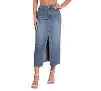 Flvsun Damen-Jeansrock mit Schlitz vorne, hohe Taille, lässig, Midi-Länge, Jeansrock für kurvige Frauen, Dunkelblau, Klein