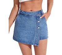 Flvsun Denim Shorts Frauen Casual Hohe Taille Solide Knopf Up Asymmetrische Denim Jeans Skort Rock Mini Shorts, Mittleres Blau, Groß