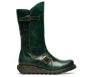 Fly London Damen Grüne MES 2 Plateaustiefel mit Keilabsatz, Schnalle und Reißverschluss aus Leder EU 42 / UK 8
