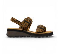 Fly London Damen-Sandalen HEIF558FLY aus hellbraunem Leder mit Keilabsatz und Schnalle, Modell Leopardenmuster. EU40
