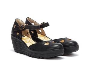 Fly London Yuna Womens Leder Keilsandalen - (Schwarz) EU 39/UK 6