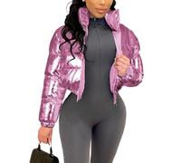 Flygo Damen Metallic Glänzende Verkürzte Gesteppte Pufferjacke - Gepolsterte Daunenmantel mit Reißverschluss Oberbekleidung, rose, L