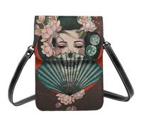 FLYIFE Japanische Geisha bedruckte Crossbody-Tasche mit Klappe - tragbare Leder-Handytasche, Geldbörse, kleine Umhängetasche für Mädchen und Frauen, Schwarz , Einheitsgröße