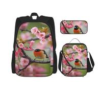 FLYIFE Schulrucksack-Set mit Cartoon-Raketen, bedruckt, 3er-Set, Reise-Laptop-Rucksack, Tasche mit Lunchtasche und Federmäppchen, Vogel im Pfirsichbaum, One size
