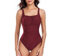 FLYILY Damen Einteilige Badeanzug Vintage Ruched Einteilige Bademode Swimsuit 1 Piece Badebekleidung Retro Ruched Bauchweg Badekleid(WineRed,XXL)