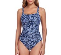 FLYILY Damen Einteilige Badeanzug Vintage Ruched Einteilige Bademode Swimsuit 1 Piece Badebekleidung Retro Ruched Bauchweg Badekleid(NavyLeopard,XXL)