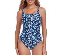 FLYILY Damen Einteilige Badeanzug Vintage Ruched Einteilige Bademode Swimsuit 1 Piece Badebekleidung Retro Ruched Bauchweg Badekleid(NavyFlower,L)