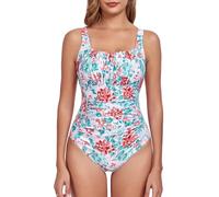 FLYILY Damen Einteilige Badeanzug Vintage Ruched Einteilige Bademode Swimsuit 1 Piece Badebekleidung Retro Ruched Bauchweg Badekleid(OrangeFlower,XL)