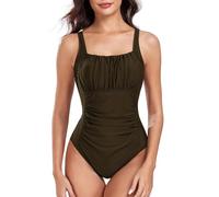 FLYILY Damen Einteilige Badeanzug Vintage Ruched Einteilige Bademode Swimsuit 1 Piece Badebekleidung Retro Ruched Bauchweg Badekleid(Coffee,XL)
