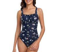 FLYILY Damen Einteilige Badeanzug Vintage Ruched Einteilige Bademode Swimsuit 1 Piece Badebekleidung Retro Ruched Bauchweg Badekleid(NavyBlue,XXL)