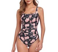 FLYILY Damen Einteilige Badeanzug Vintage Ruched Einteilige Bademode Swimsuit 1 Piece Badebekleidung Retro Ruched Bauchweg Badekleid(BlackFlower,M)