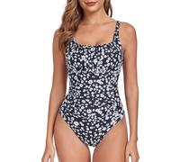 FLYILY Damen Einteilige Badeanzug Vintage Ruched Einteilige Bademode Swimsuit 1 Piece Badebekleidung Retro Ruched Bauchweg Badekleid(Blackwhite,L)