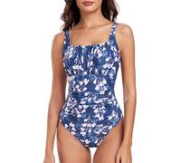 FLYILY Damen Einteilige Badeanzug Vintage Ruched Einteilige Bademode Swimsuit 1 Piece Badebekleidung Retro Ruched Bauchweg Badekleid(WhiteFlower,XXL)
