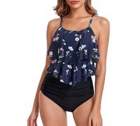 FLYILY Tankini High Waist Damen Zweiteiliger Bikini Set Badeanzug Rüschen Bedruckt Bademode mit Hoher Taille Bikinihose Tankini Oberteil Strandkleidung(NavyBlue,S)