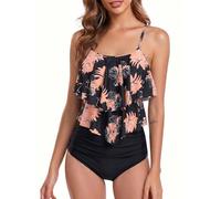 FLYILY Tankini High Waist Damen Zweiteiliger Bikini Set Badeanzug Rüschen Bedruckt Bademode mit Hoher Taille Bikinihose Tankini Oberteil Strandkleidung(1-BlackFlower,XL)