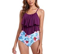 FLYILY Tankini High Waist Damen Zweiteiliger Bikini Set Badeanzug Rüschen Bedruckt Bademode mit Hoher Taille Bikinihose Tankini Oberteil Strandkleidung(4-Purple,S)