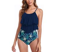 FLYILY Tankini High Waist Damen Zweiteiliger Bikini Set Badeanzug Rüschen Bedruckt Bademode mit Hoher Taille Bikinihose Tankini Oberteil Strandkleidung(4-Navy,L)