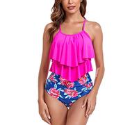 FLYILY Tankini High Waist Damen Zweiteiliger Bikini Set Badeanzug Rüschen Bedruckt Bademode mit Hoher Taille Bikinihose Tankini Oberteil Strandkleidung(4-Rosered,XL)