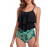 FLYILY Tankini High Waist Damen Zweiteiliger Bikini Set Badeanzug Rüschen Bedruckt Bademode mit Hoher Taille Bikinihose Tankini Oberteil Strandkleidung(Blackgreen,M)