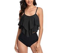 FLYILY Tankini High Waist Damen Zweiteiliger Bikini Set Badeanzug Rüschen Bedruckt Bademode mit Hoher Taille Bikinihose Tankini Oberteil Strandkleidung(3-Black,M)