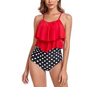 FLYILY Tankini High Waist Damen Zweiteiliger Bikini Set Badeanzug Rüschen Bedruckt Bademode mit Hoher Taille Bikinihose Tankini Oberteil Strandkleidung(4-Red,M)
