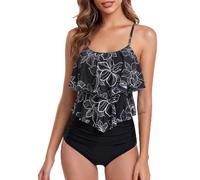 FLYILY Tankini High Waist Damen Zweiteiliger Bikini Set Badeanzug Rüschen Bedruckt Bademode mit Hoher Taille Bikinihose Tankini Oberteil Strandkleidung(BlackPrint,S)